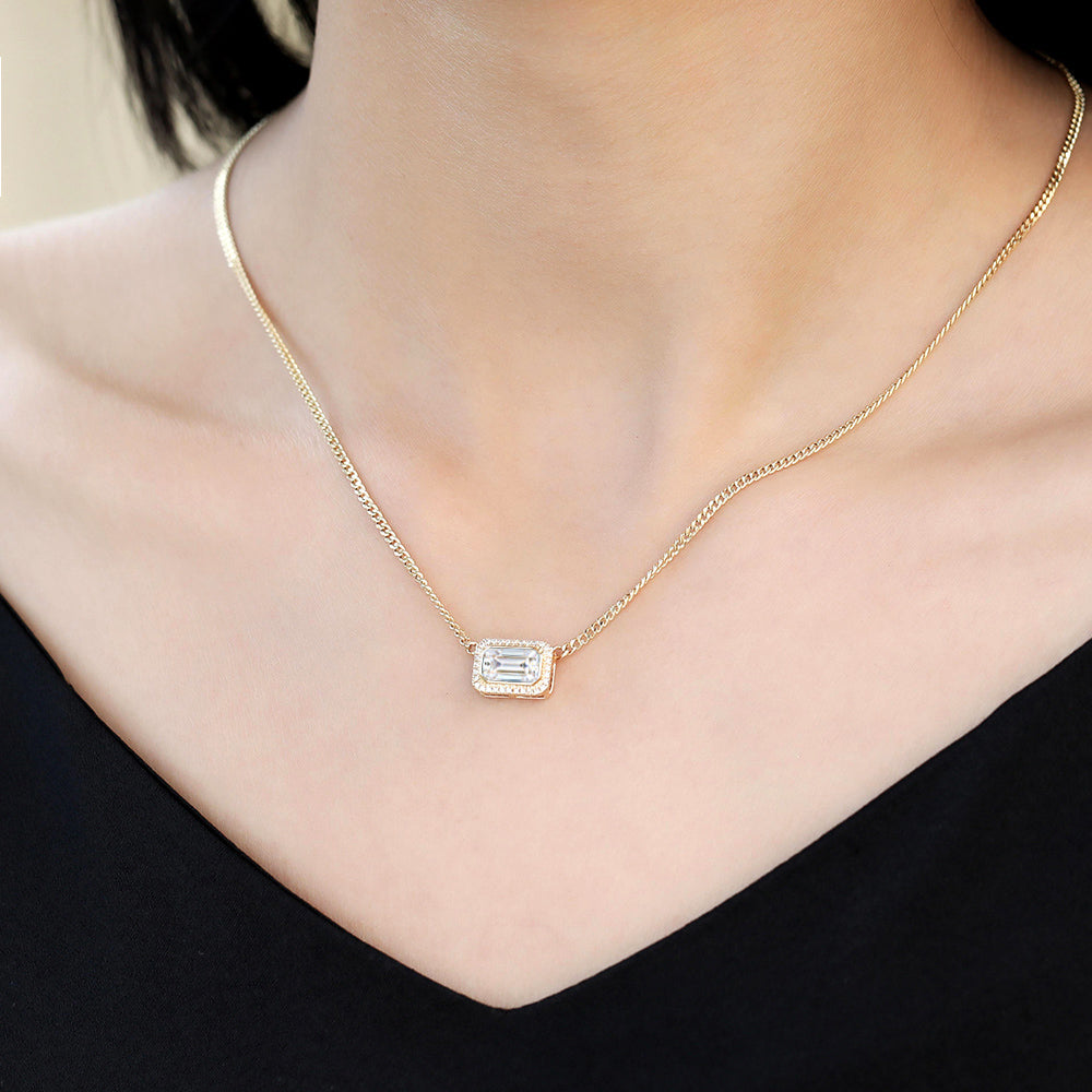 East West Emerald Cut Halo Lab Grown Diamond Necklace Elegant