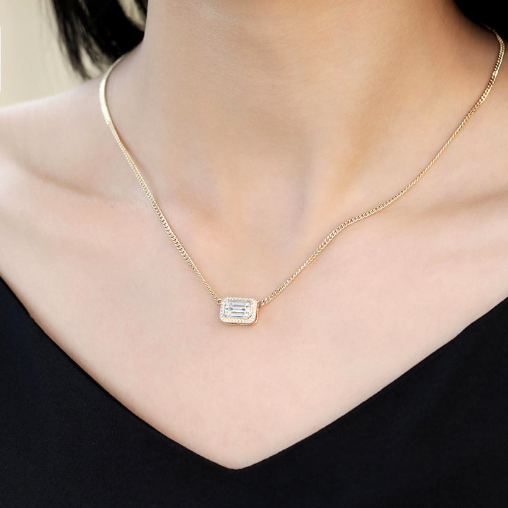 East West Emerald Cut Halo Lab Grown Diamond Necklace Elegant