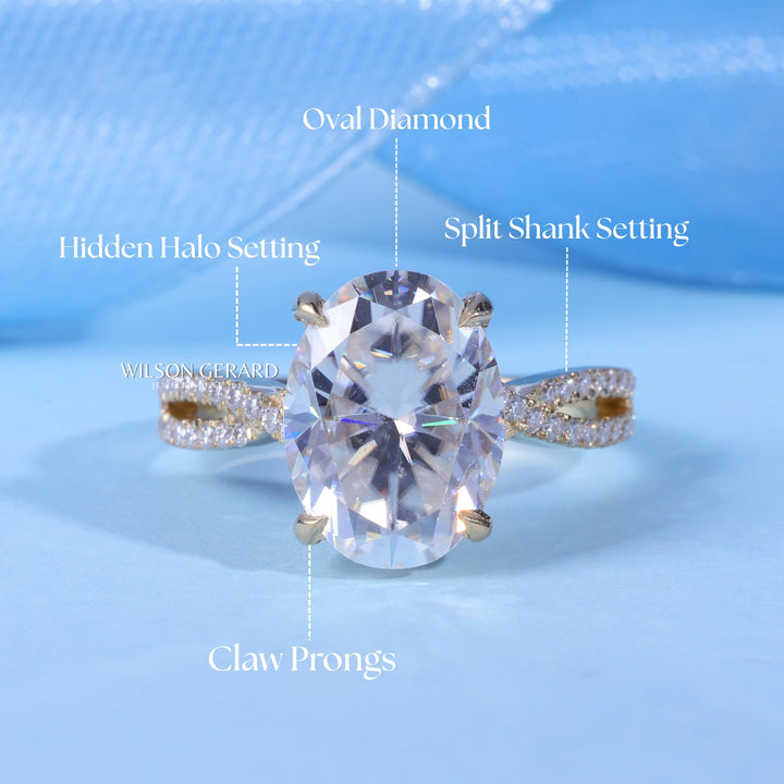 1.50CT Oval Cut E/VS1 Lab Grown Diamond Hidden Halo Split Shank Engagement Ring