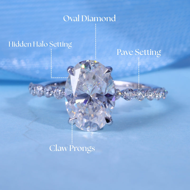 2.0CT Oval E/VS1 CVD Diamond Hidden Halo Pave Engagement Ring