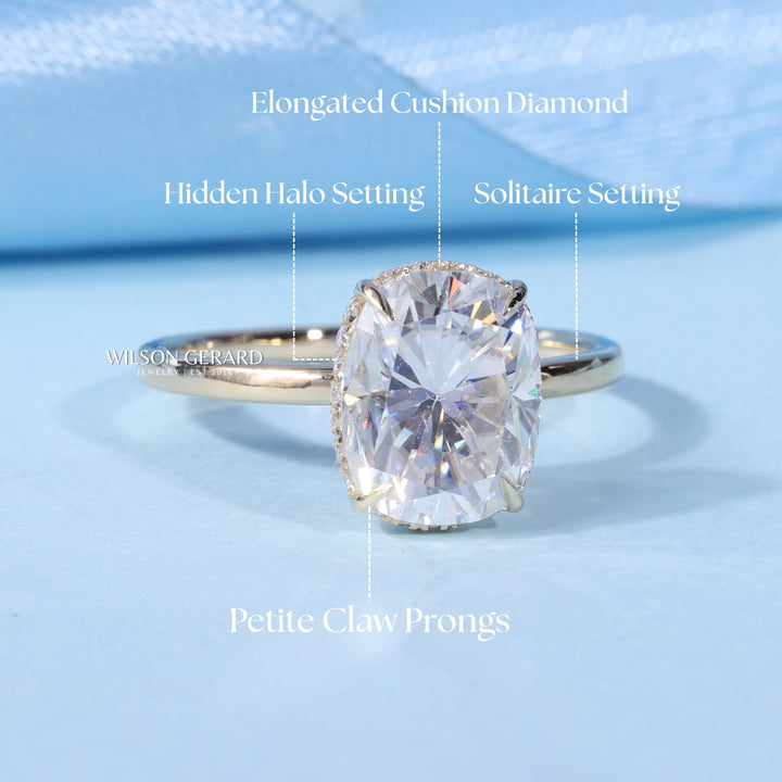 1.50CT Elongated Cushion E/VS1 Lab Grown Diamond Hidden Halo Solitaire Engagement Ring