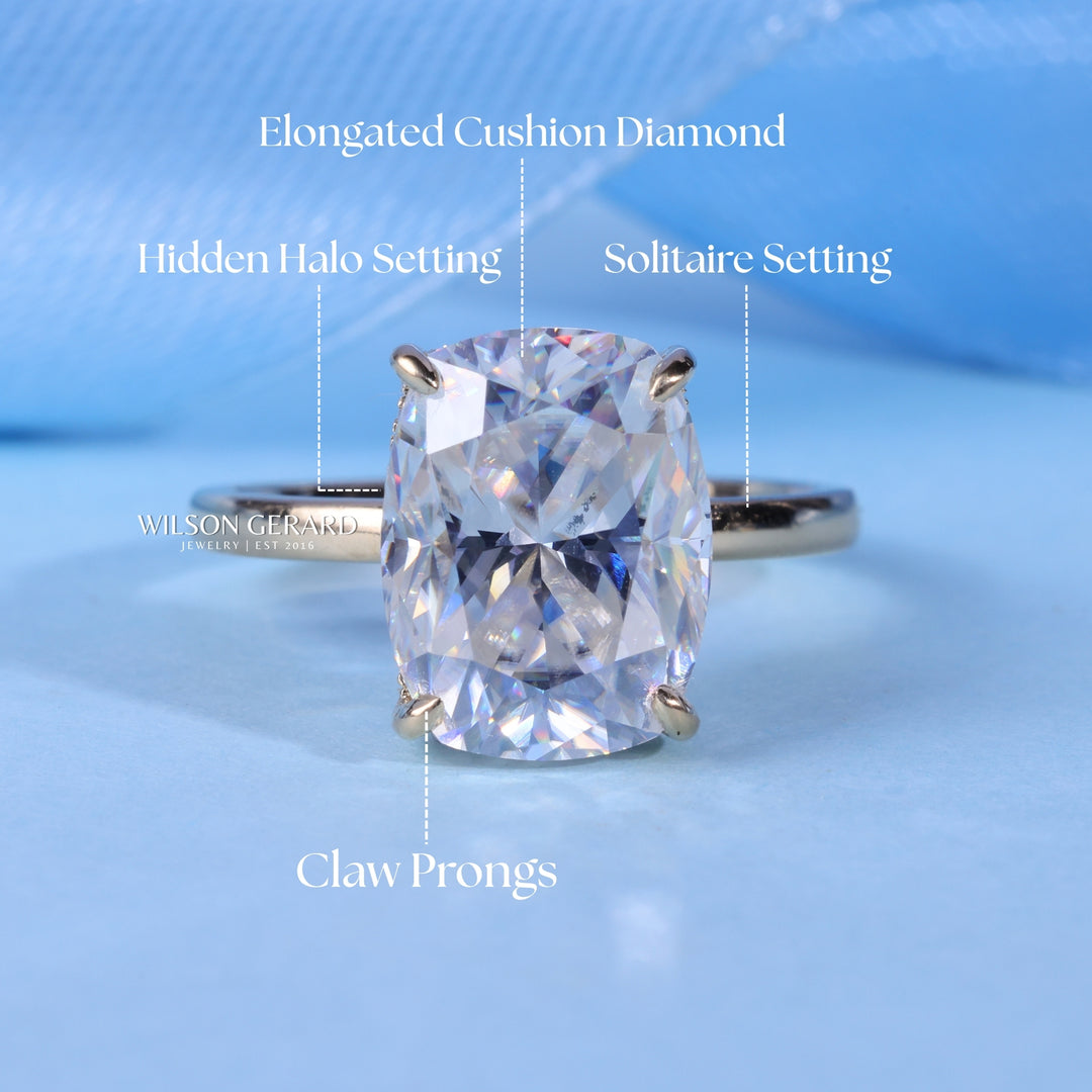2.50CT Elongated Cushion E/VS1 CVD Diamond Hidden Halo Solitaire Engagement Ring