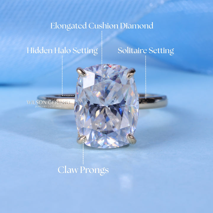 2.50CT Elongated Cushion E/VS1 CVD Diamond Hidden Halo Solitaire Engagement Ring