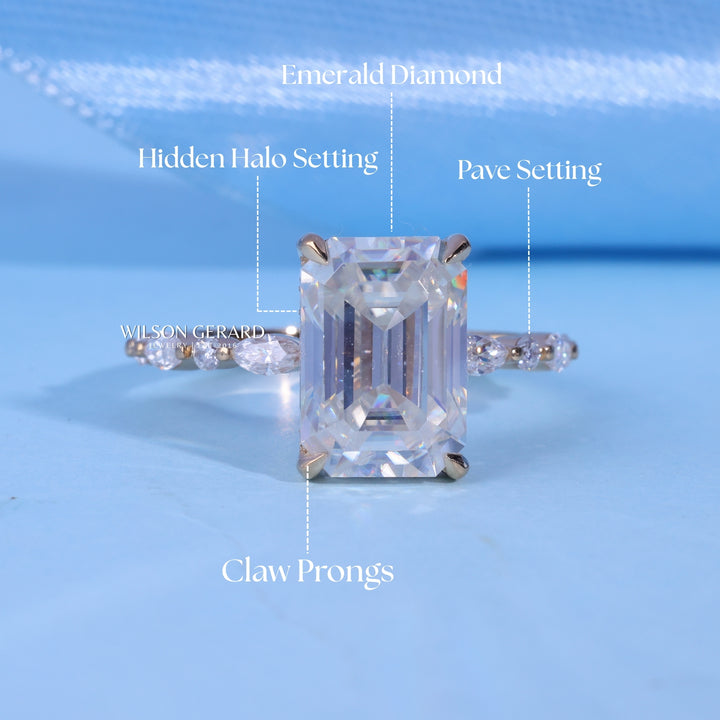 1.50CT Emerald Cut E/VS1 Lab Grown Diamond Hidden Halo Pave Engagement Ring