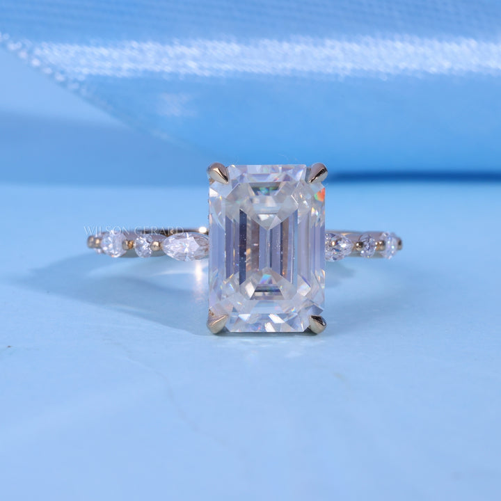 1.50CT Emerald Cut E/VS1 Lab Grown Diamond Hidden Halo Pave Engagement Ring