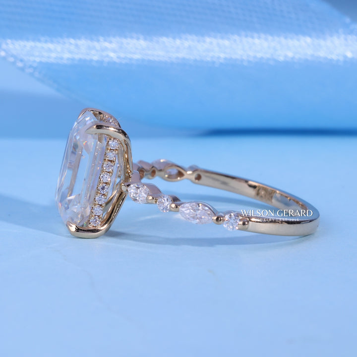 1.50CT Emerald Cut E/VS1 Lab Grown Diamond Hidden Halo Pave Engagement Ring