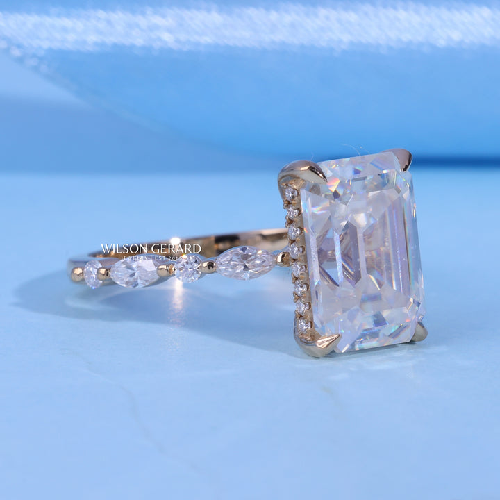 1.50CT Emerald Cut E/VS1 Lab Grown Diamond Hidden Halo Pave Engagement Ring