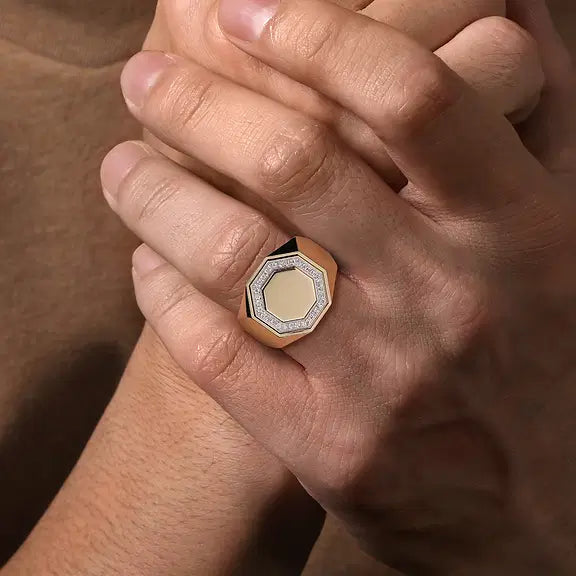 14K Yellow Gold Round Hexagon Lab Grown Diamond Men's Ring