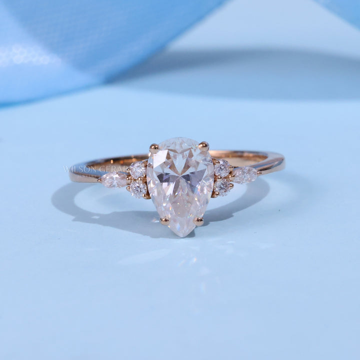 1.0CT Pear E/VS Lab Grown Diamond Cluster Engagement Ring