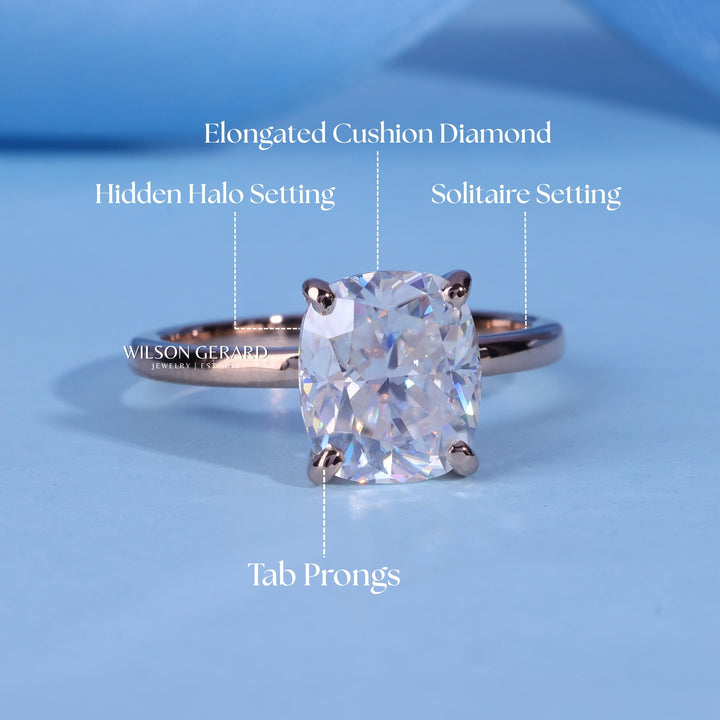 1.0CT Elongated Cushion E/VS Lab Grown Diamond Hidden Halo Solitaire Engagement Ring