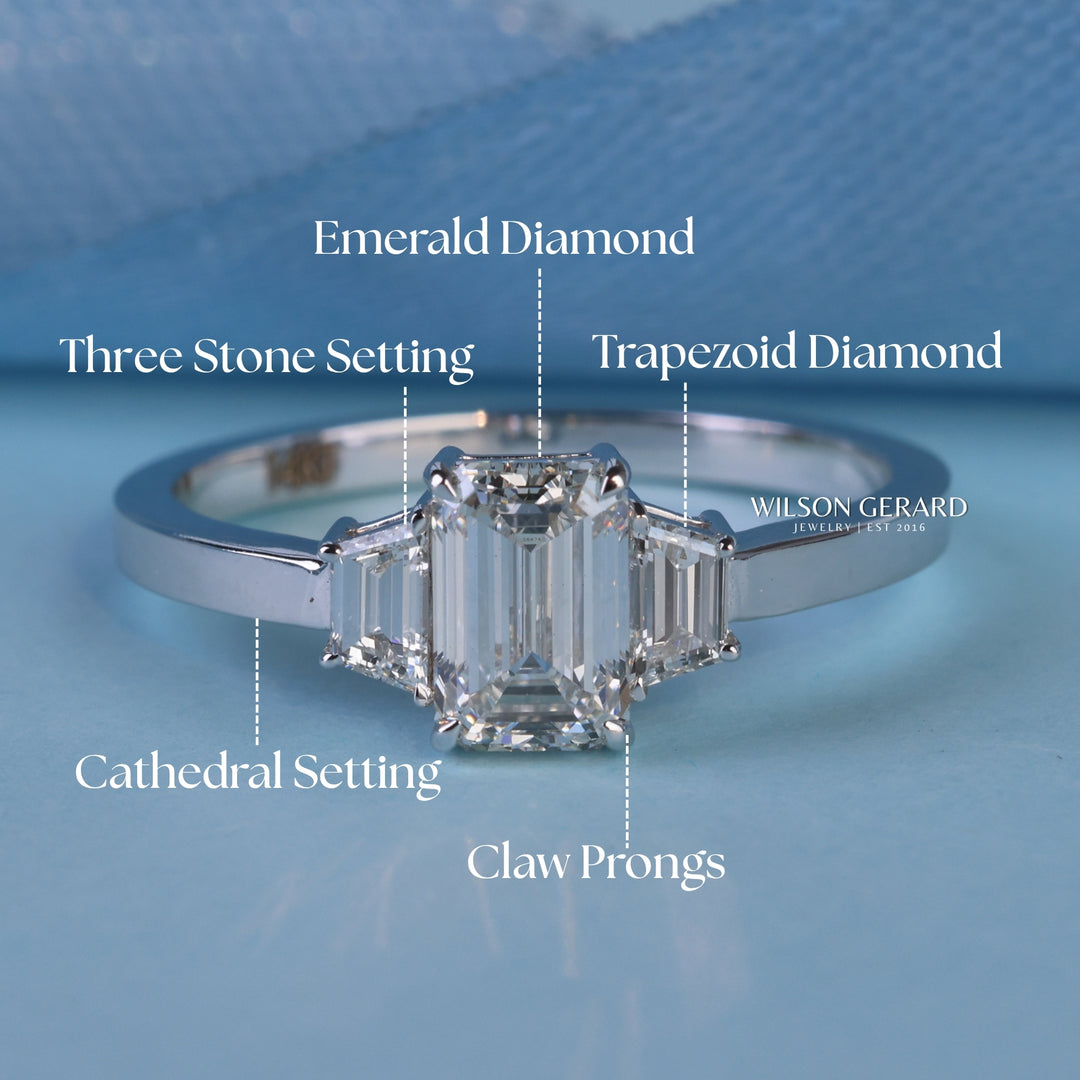 1.0CT Emerald E/VS1 Lab Grown Diamond Three Stone Engagement Rings