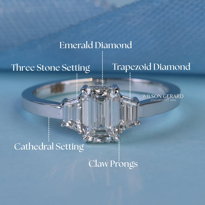 1.0CT Emerald E/VS1 Lab Grown Diamond Three Stone Engagement Rings
