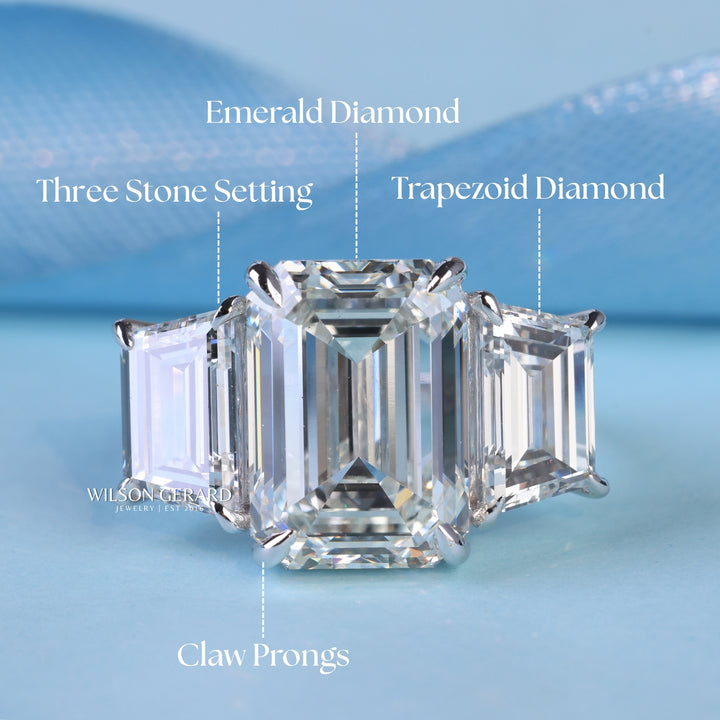 3.0CT Emerald Cut E/VS1 Lab Grown Diamond Three Stone Engagement Rings