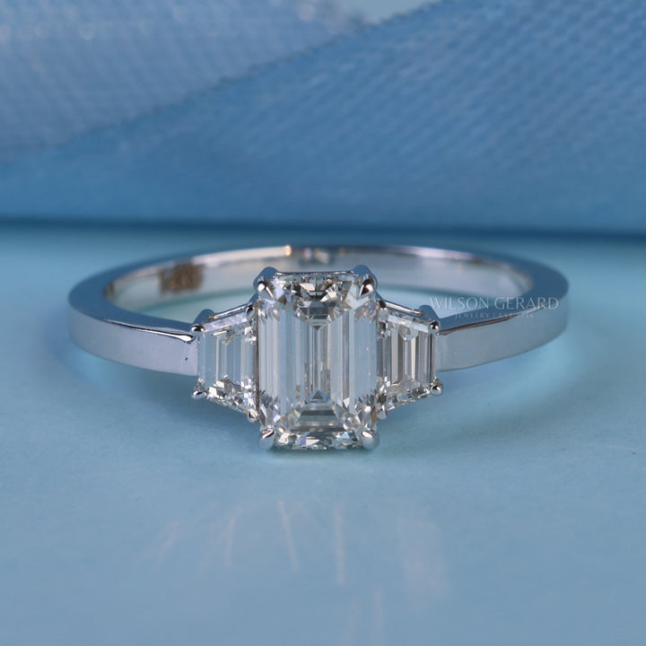 1.0CT Emerald E/VS1 Lab Grown Diamond Three Stone Engagement Rings