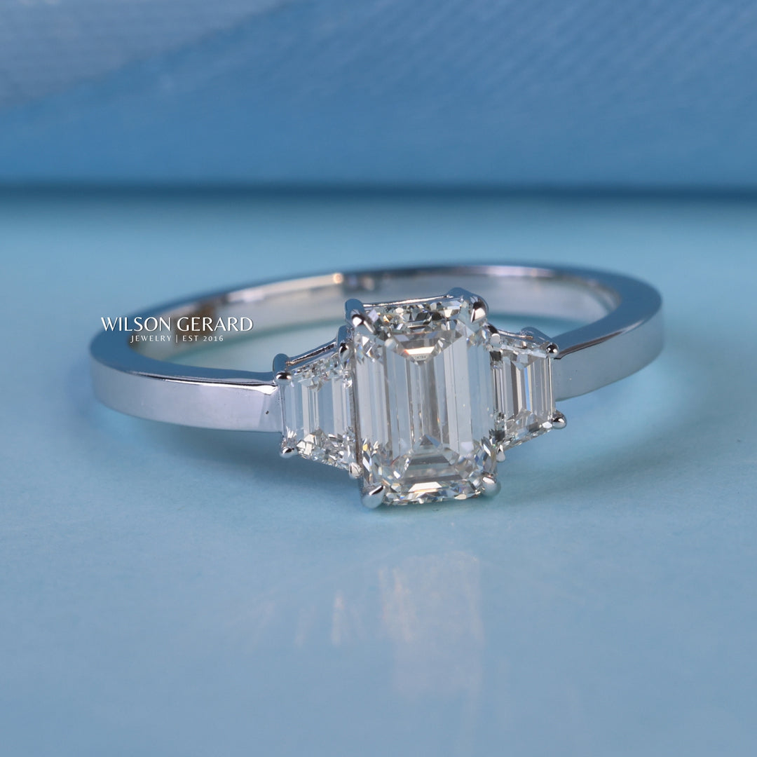 1.0CT Emerald E/VS1 Lab Grown Diamond Three Stone Engagement Rings