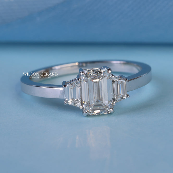 1.0CT Emerald E/VS1 Lab Grown Diamond Three Stone Engagement Rings