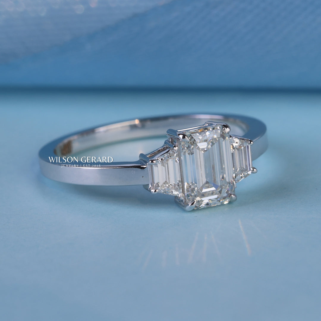 1.0CT Emerald E/VS1 Lab Grown Diamond Three Stone Engagement Rings