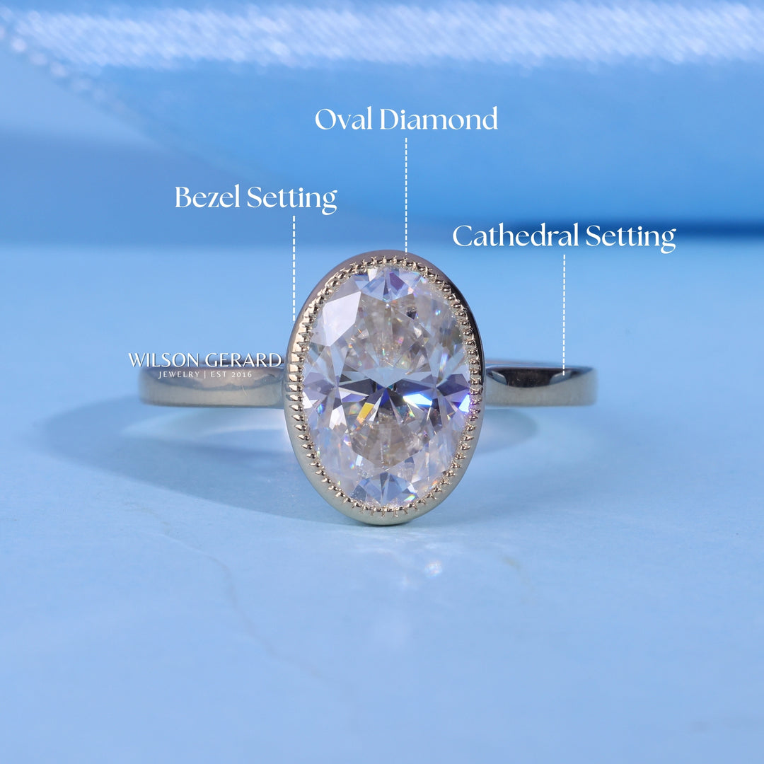 2.0CT Bezel Set Oval E/VS1 Lab Grown Diamond Cathedral Engagement Ring