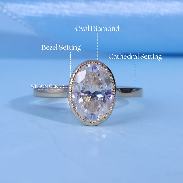2.0CT Bezel Set Oval E/VS1 Lab Grown Diamond Cathedral Engagement Ring