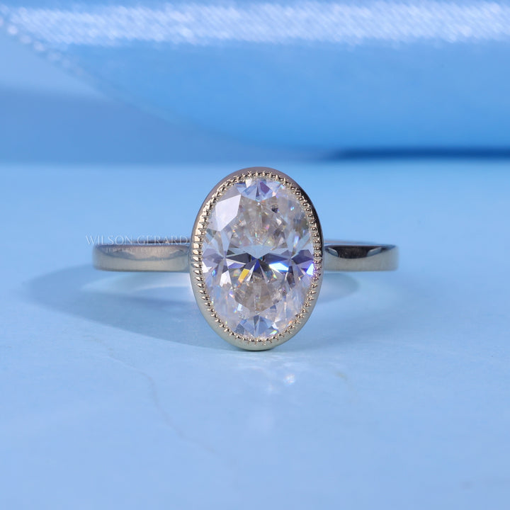 2.0CT Bezel Set Oval E/VS1 Lab Grown Diamond Cathedral Engagement Ring