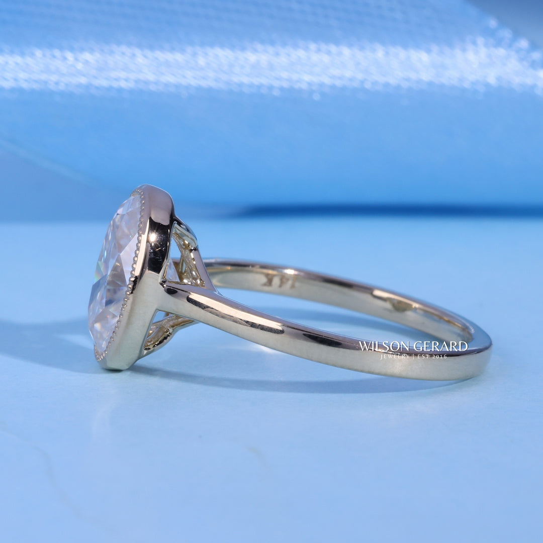 2.0CT Bezel Set Oval E/VS1 Lab Grown Diamond Cathedral Engagement Ring