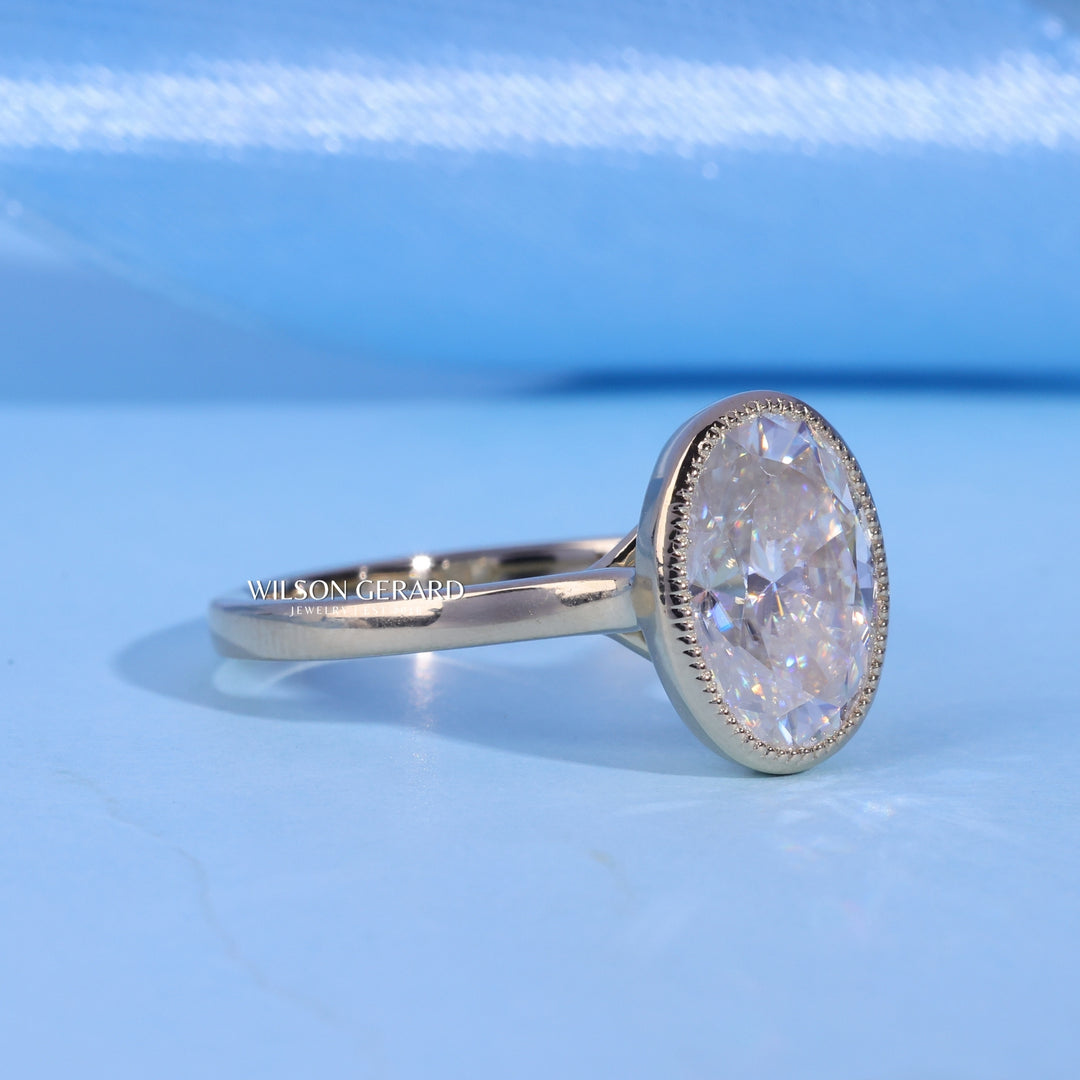 2.0CT Bezel Set Oval E/VS1 Lab Grown Diamond Cathedral Engagement Ring