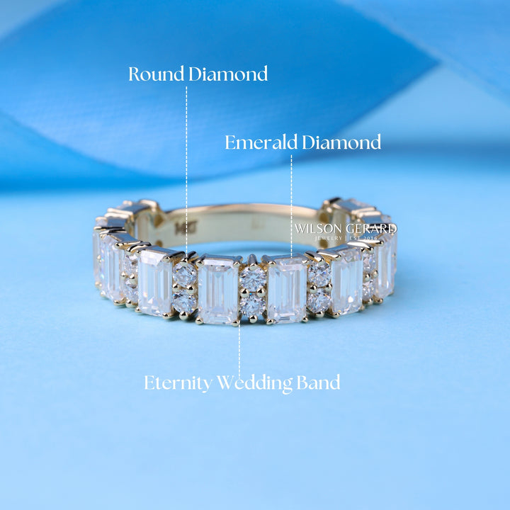 Emerald & Round E/VS1 Lab Grown Diamond 3/4 Eternity Wedding Bands His And Hers