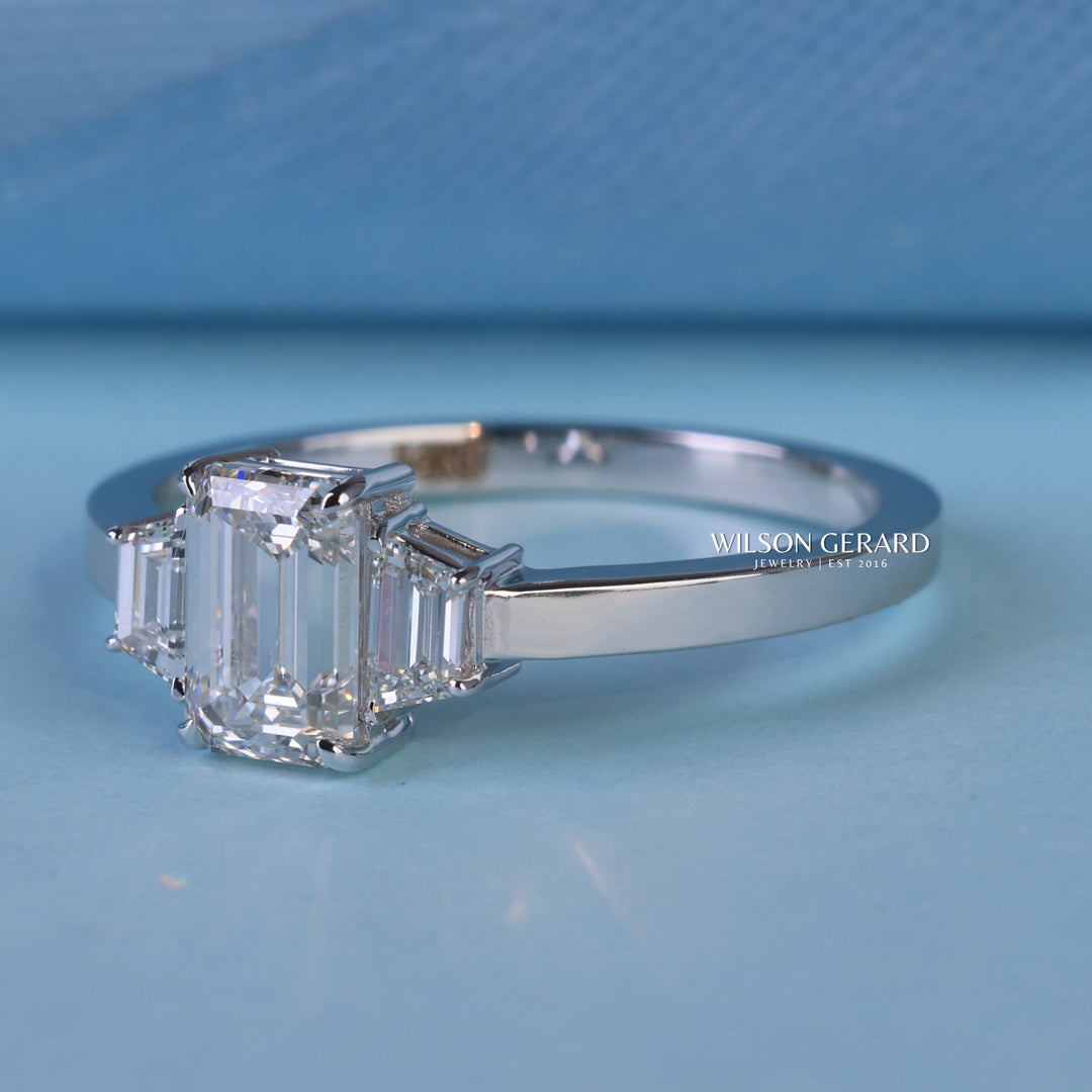 1.0CT Emerald E/VS1 Lab Grown Diamond Three Stone Engagement Rings