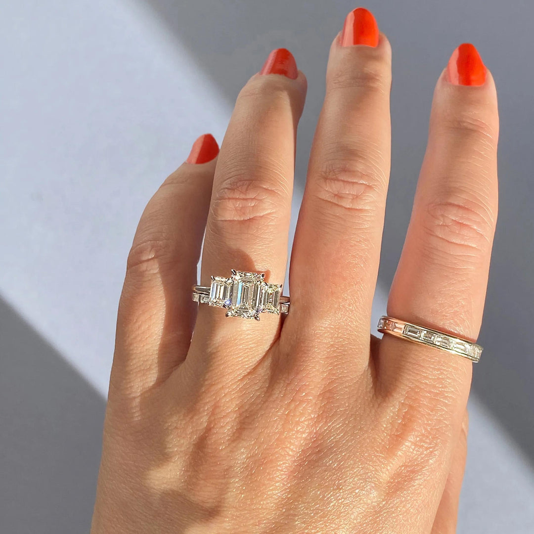 2ct Emerald F- VS1 Lab Grown Diamond Three Stones Engagement Ring