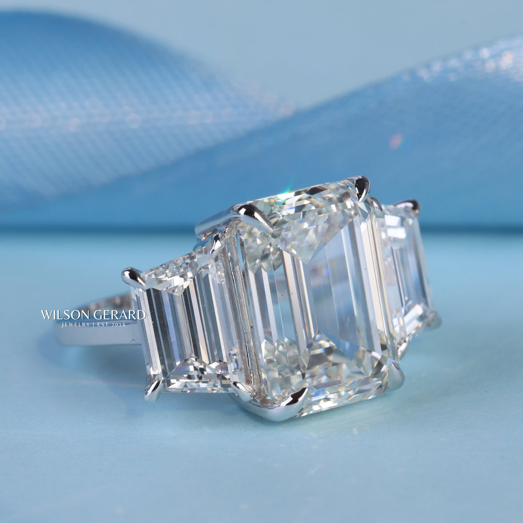 3.0CT Emerald Cut E/VS1 Lab Grown Diamond Three Stone Engagement Rings