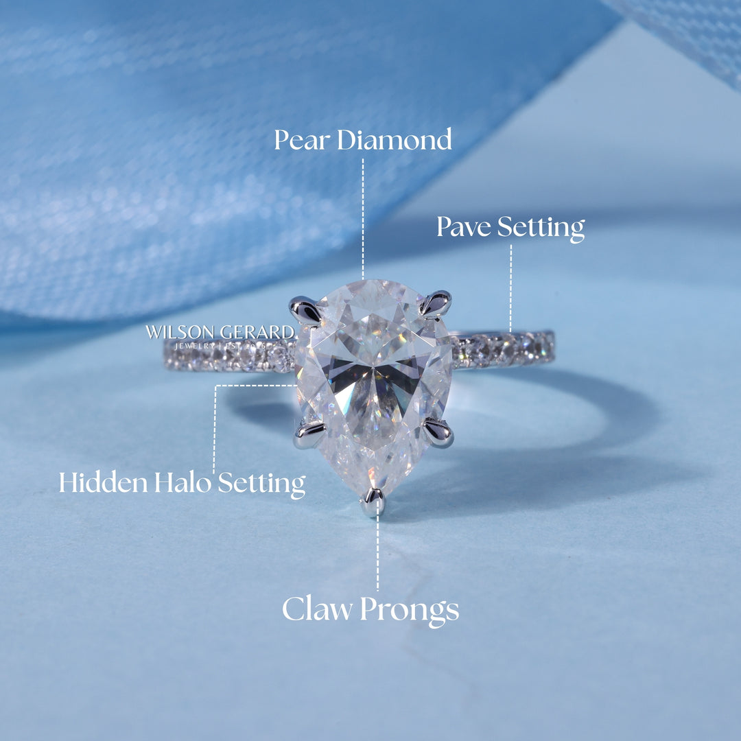 1.0CT Pear E/VS1 Lab Grown Diamond Hidden Halo Pave Engagement Ring