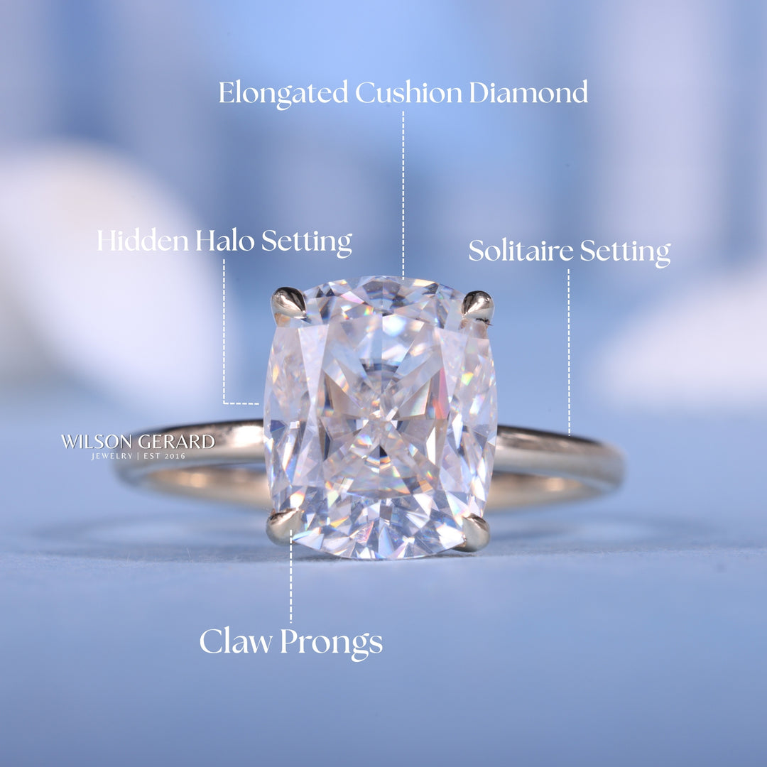 2.50CT Elongated Cushion E/VS1 CVD Diamond Hidden Halo Solitaire Engagement Ring