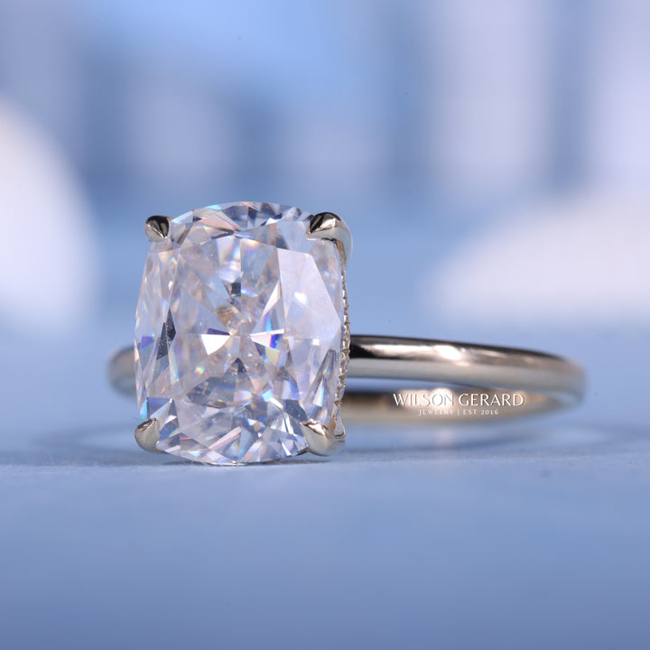 2.50CT Elongated Cushion E/VS1 CVD Diamond Hidden Halo Solitaire Engagement Ring