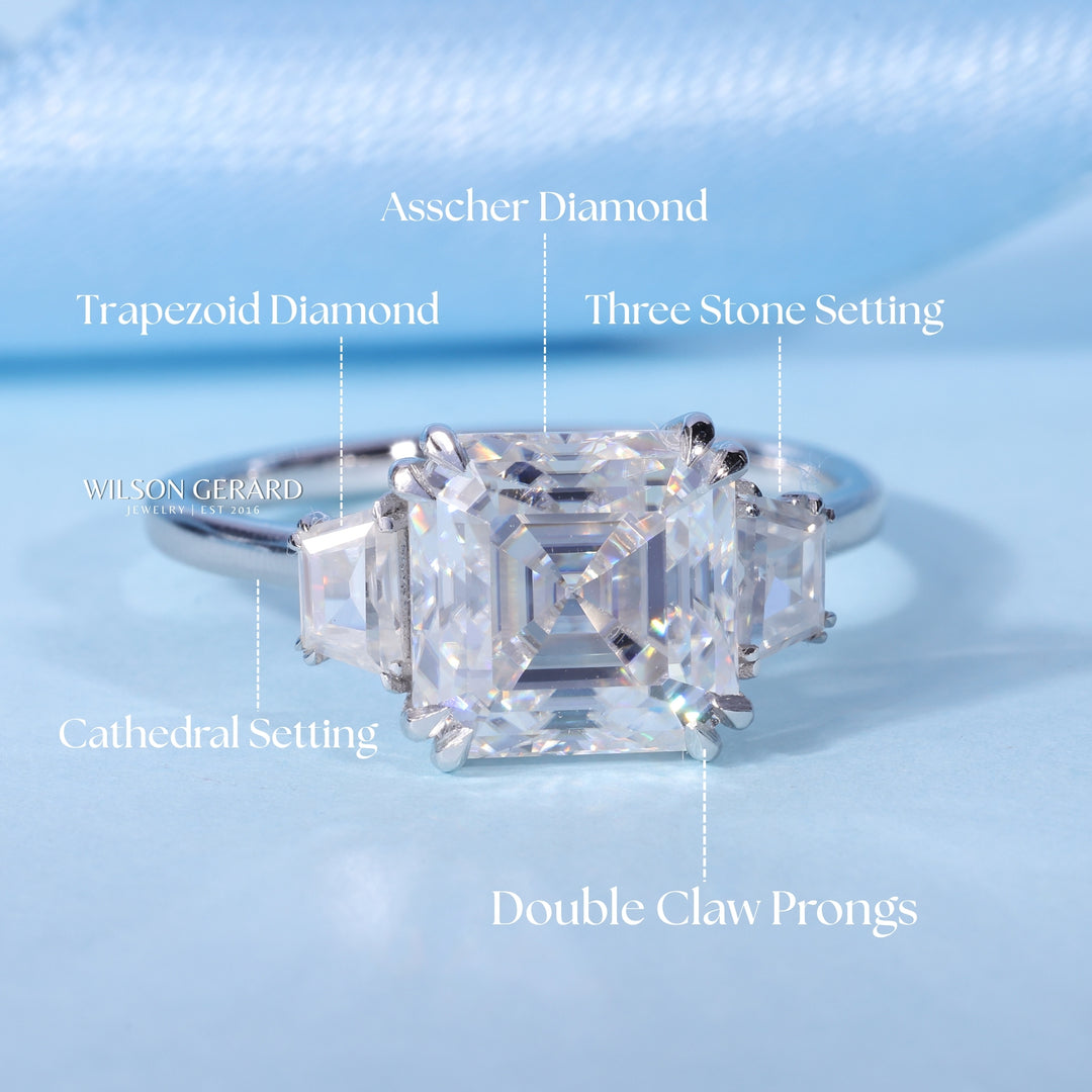 3.0CT Asscher Cut E/VS1 Lab Grown Diamond Three Stone Engagement Rings