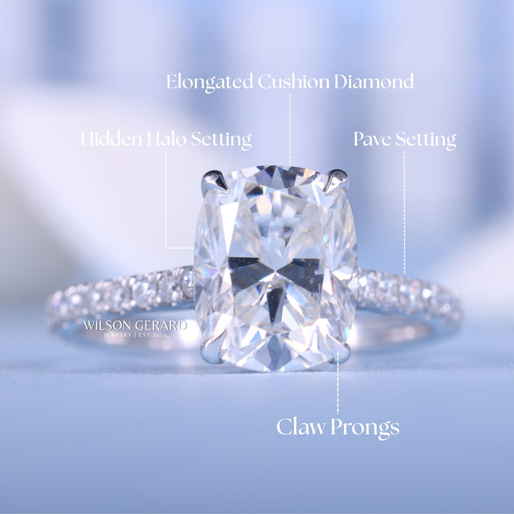2.0CT Elongated Cushion E/VS1 CVD Diamond Hidden Halo Pave Engagement Ring