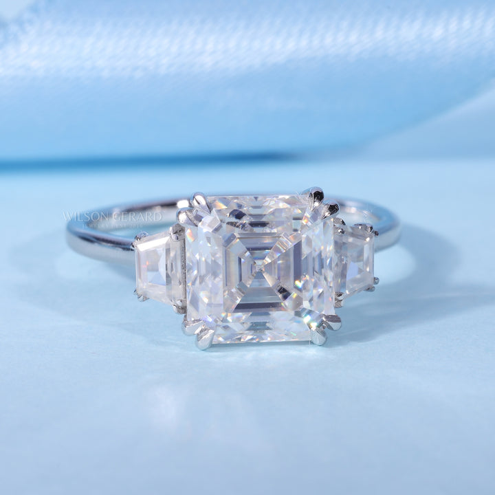 3.0CT Asscher Cut E/VS1 Lab Grown Diamond Three Stone Engagement Rings