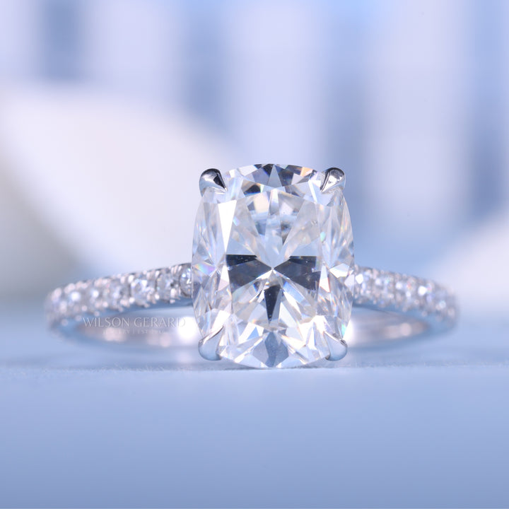 2.0CT Elongated Cushion E/VS1 CVD Diamond Hidden Halo Pave Engagement Ring