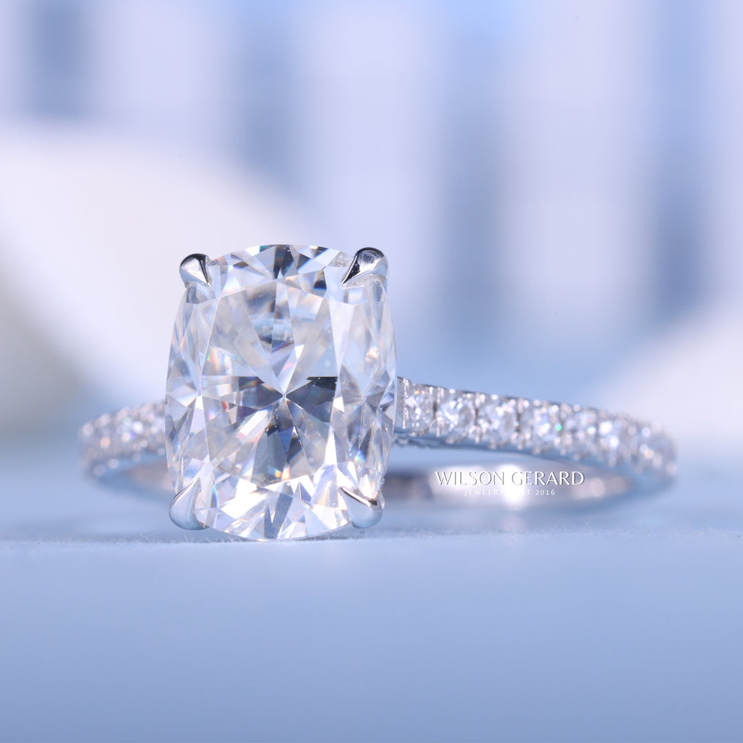2.0CT Elongated Cushion E/VS1 CVD Diamond Hidden Halo Pave Engagement Ring