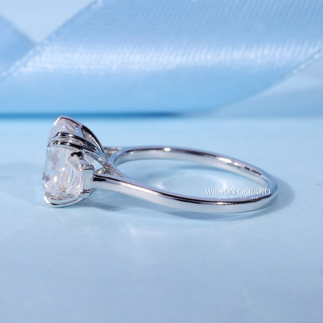 3.0CT Asscher Cut E/VS1 Lab Grown Diamond Three Stone Engagement Rings