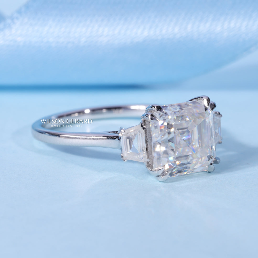3.0CT Asscher Cut E/VS1 Lab Grown Diamond Three Stone Engagement Rings