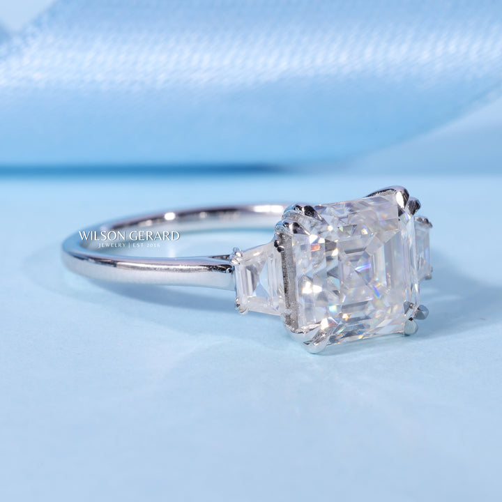 3.0CT Asscher Cut E/VS1 Lab Grown Diamond Three Stone Engagement Rings