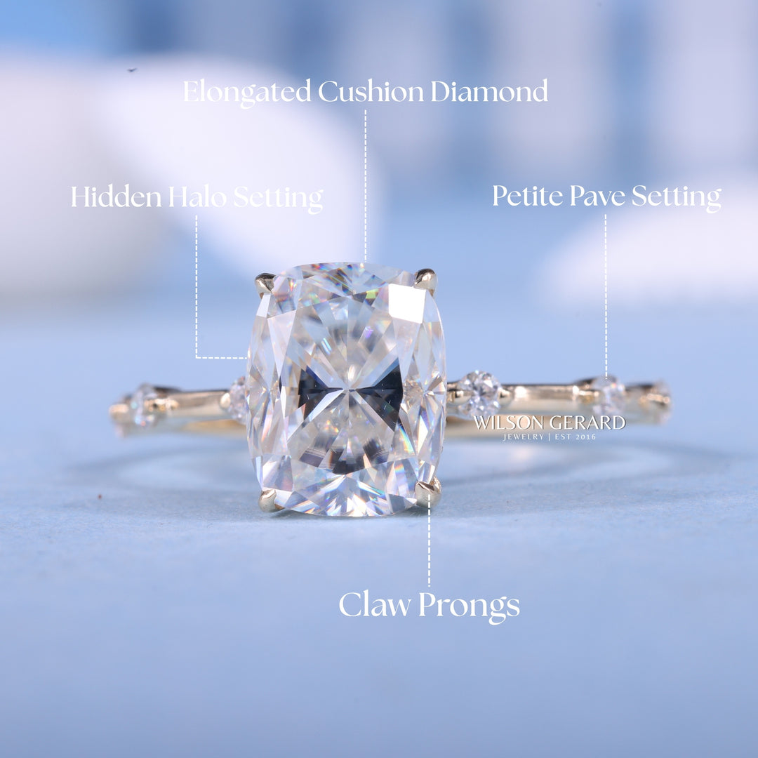 2.0CT Elongated Cushion E/VS1 Lab Grown Diamond Hidden Halo Petite Pave Engagement Ring