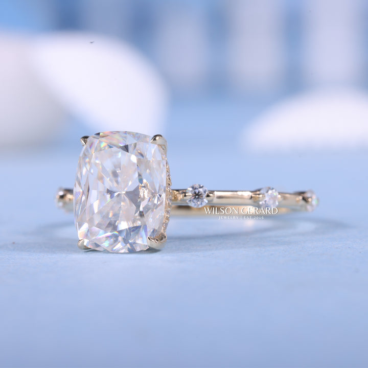 2.0CT Elongated Cushion E/VS1 Lab Grown Diamond Hidden Halo Petite Pave Engagement Ring