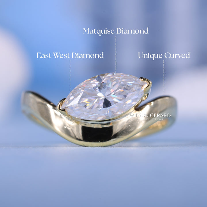 1.50CT Marquise E/VS1 Lab Grown Diamond Unique Curved East West Engagement Rings