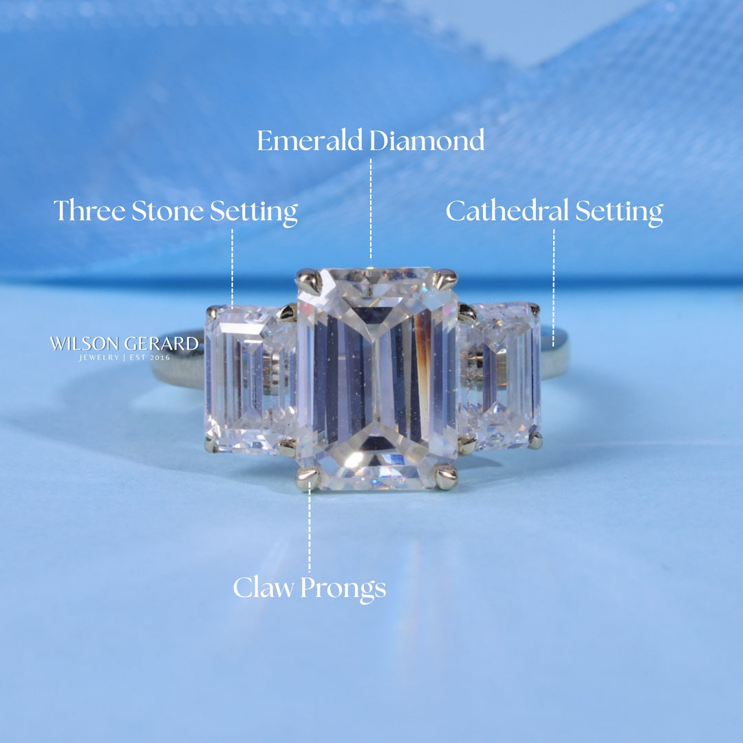 2.0CT Emerald Cut E/VS1 CVD Diamond Three Stone Engagement Ring