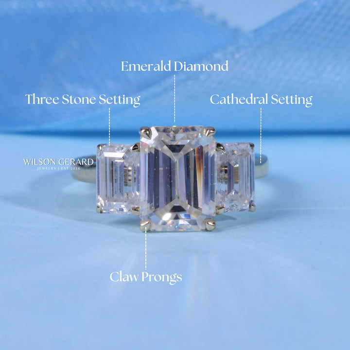 2.0CT Emerald Cut E/VS1 CVD Diamond Three Stone Engagement Ring