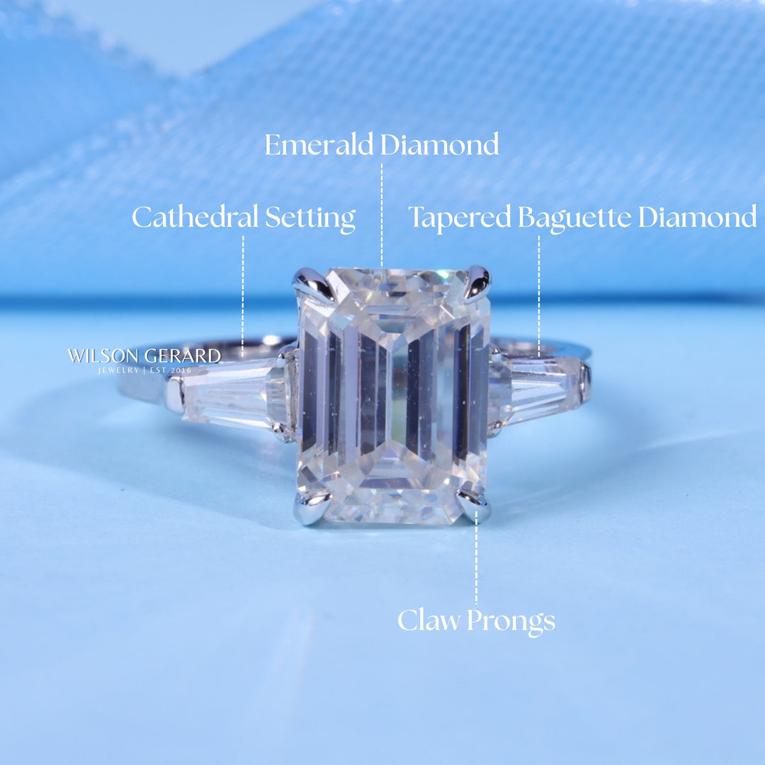 2.0CT Emerald E/VS1 Lab Grown Diamond Three Stone Engagement Rings