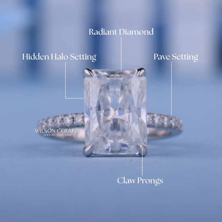 2.0CT Radiant E/VS1 CVD Diamond Hidden Halo Pave Engagement Ring