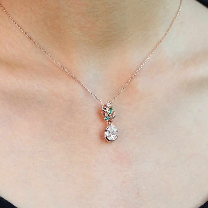 Pear Cut Bezel Lab Grown Diamond Nature Inspired Pendant Necklace