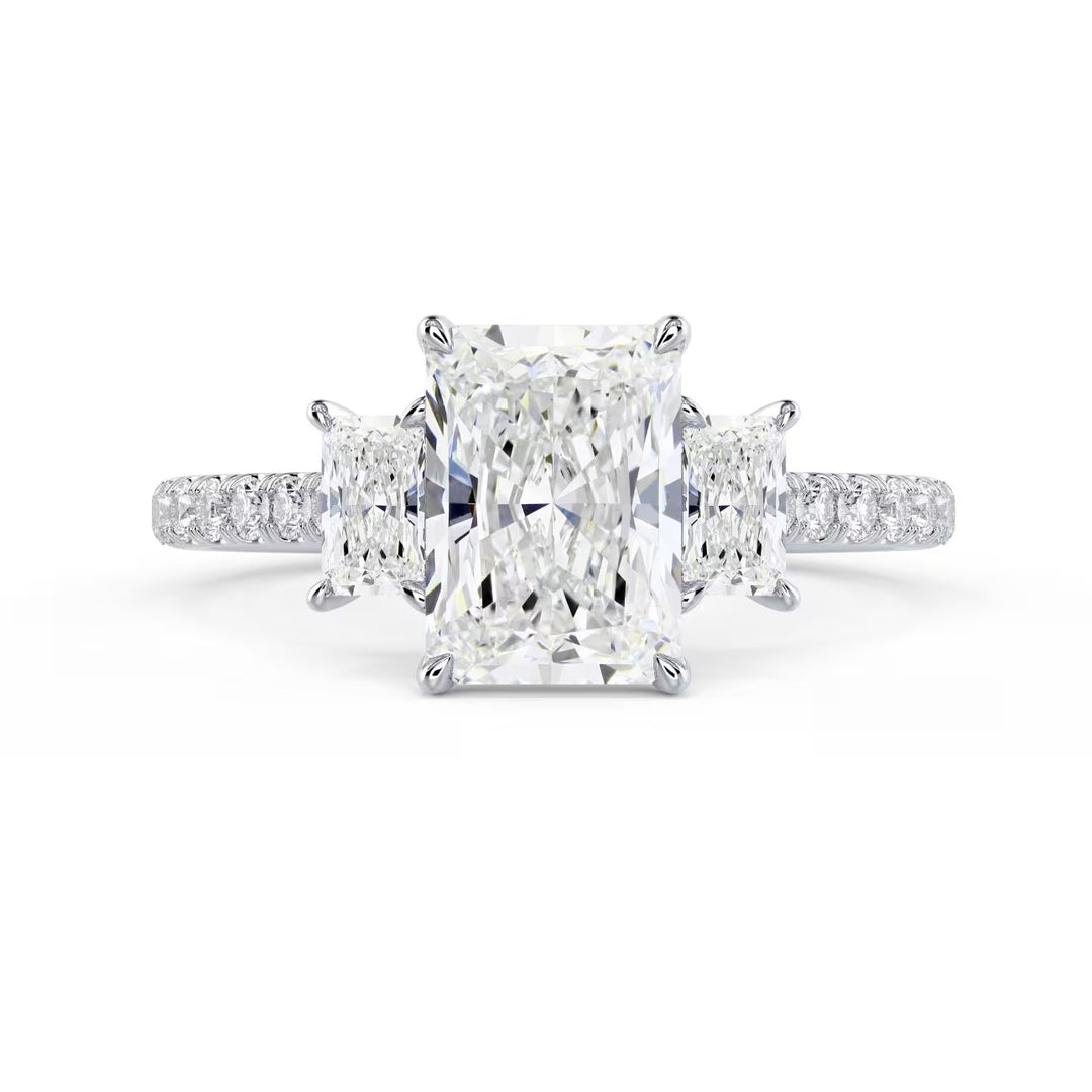 1.50CT Radiant E/VS1 Lab Grown Diamond Three Stone Pave Engagement Ring
